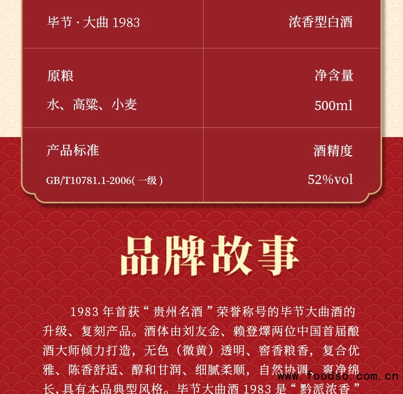 贵州名酒 毕节大曲1983 52度浓香型500ml光瓶口粮高度白酒纯粮食酒固态发酵陈酿老酒白酒整箱 500ml单瓶装